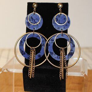 Blue Marbled Acrylic Earrings Double Circle Drop Gold-Toned Accents Approx 4" Dr